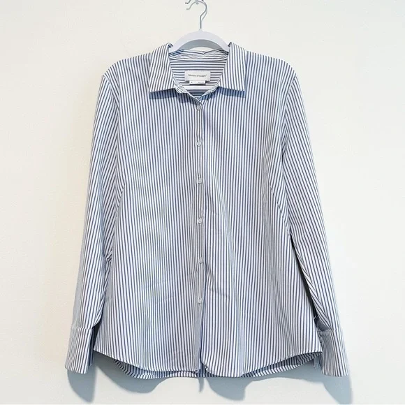 Ministry of Supply Women's White and Blue Striped Button-Down Shirt - Picture 1 of 12